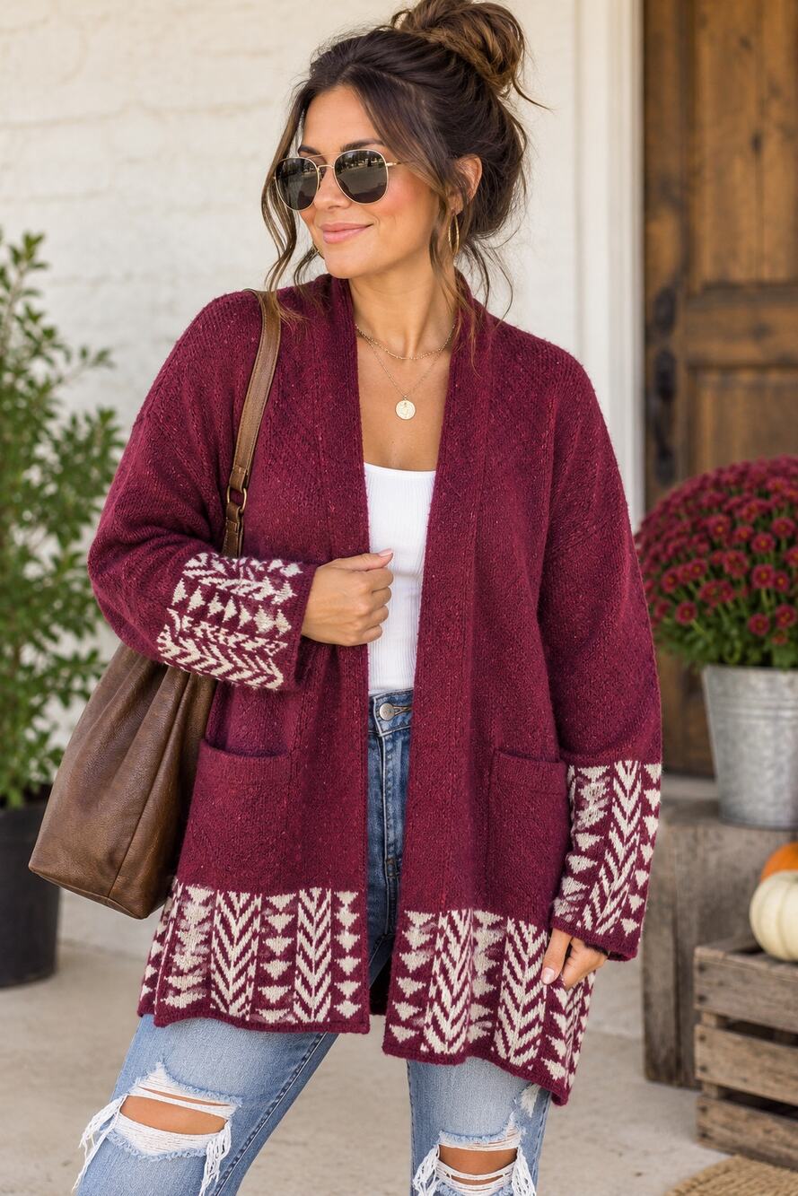 FRYE The Cozy Cardigan XL Burgundy Aztec Southwestern Cozycore Fall Open Sweater